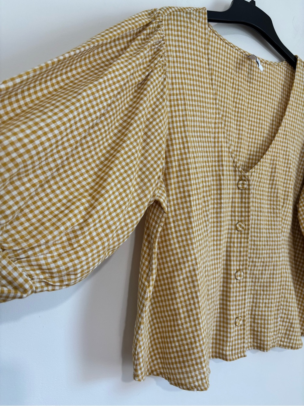 Mango lagenlook mustard gingham V-neck puff sleeve button up resort crop blouse - Picture 6 of 16